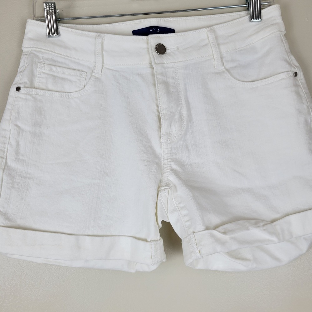 Apt 9 Womens White Cuffed Denim Shorts Size 8 Stretch Cotton Blend Mid Rise